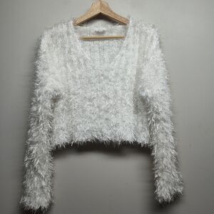 Lelis Fuzzy Sweater Women Size M White V-Neck Cropped Fall Winter Party